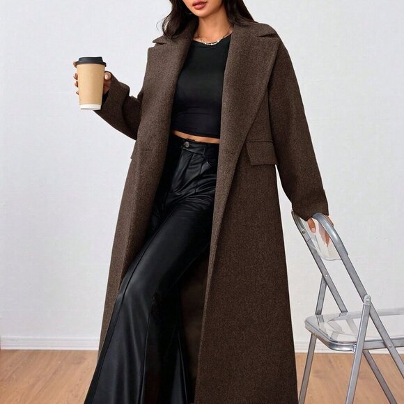 Coffee Brown Casual Women's Lapel Long Coat - Picture 6 of 6